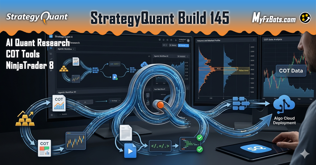StrategyQuant Build 145: بحث كمي بالذكاء الاصطناعي وأدوات COT ودعم NinjaTrader 8
